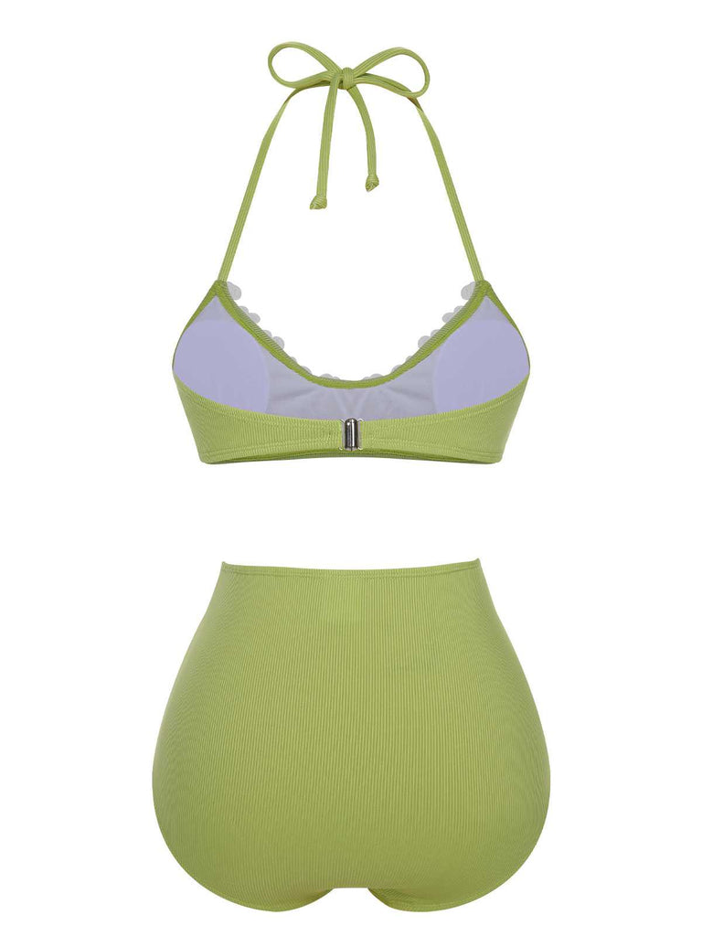 Hellgrün 1960er Halter Stricken Gänseblümchen Badeanzug