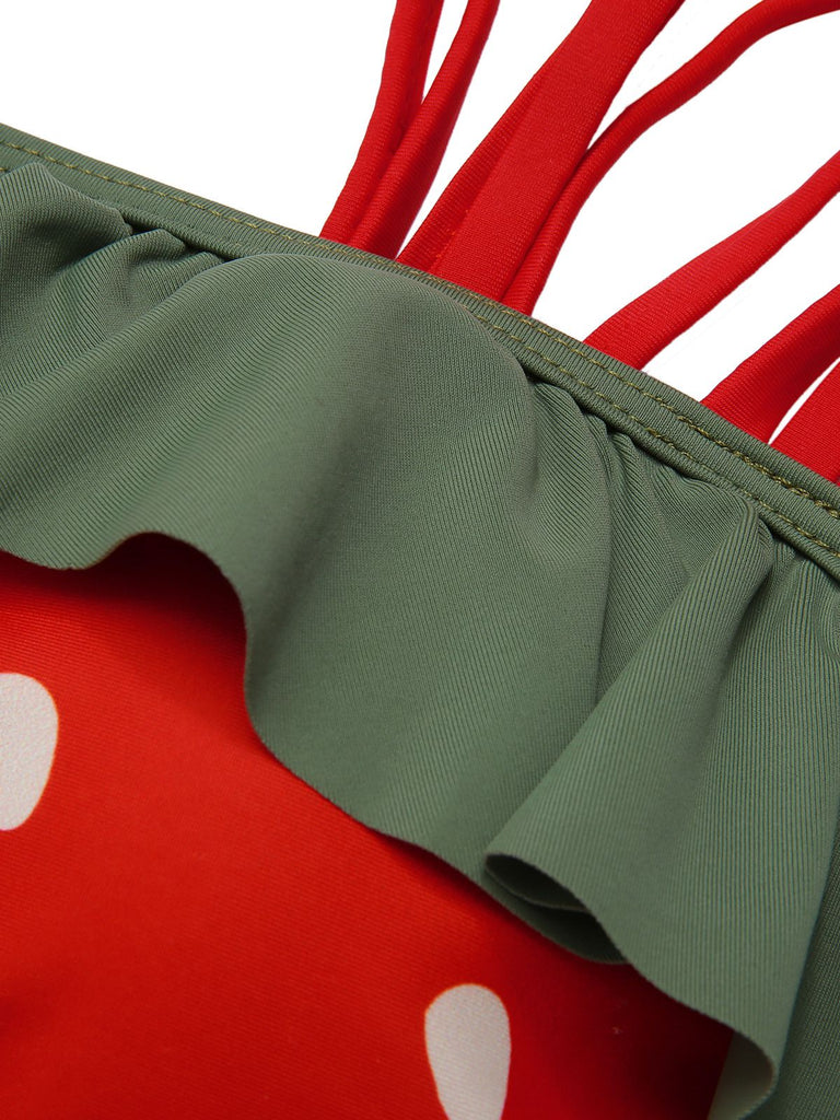 Rot 1950er Erdbeere Rüsche Gurt Badeanzug