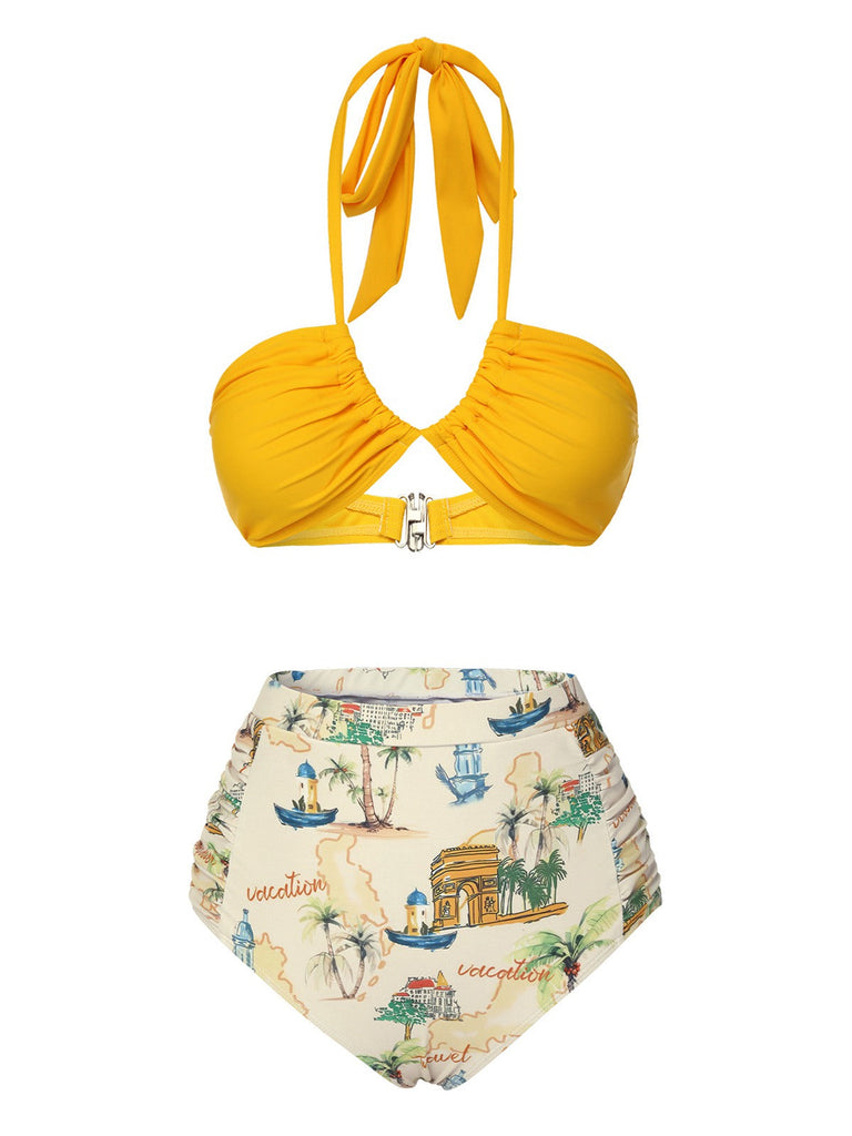 Gelb 1970er Retro-Architekturmuster Halter Badeanzug