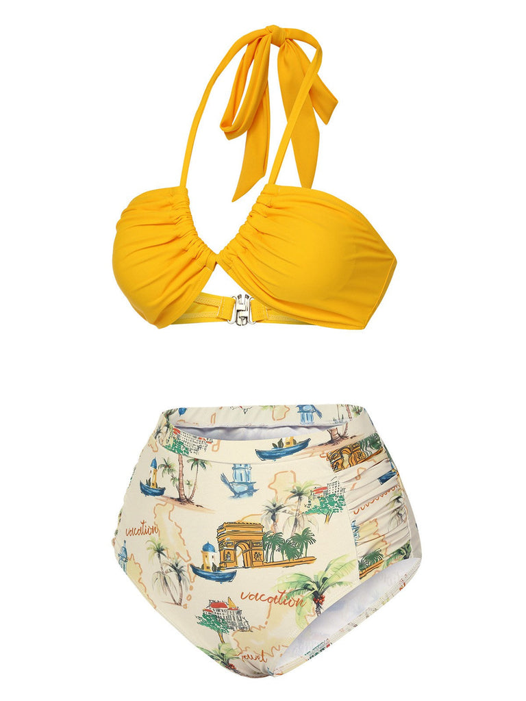 Gelb 1970er Retro-Architekturmuster Halter Badeanzug