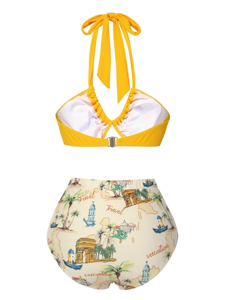 Gelb 1970er Retro-Architekturmuster Halter Badeanzug