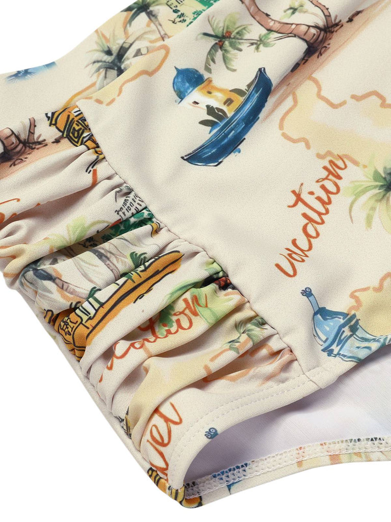 Gelb 1970er Retro-Architekturmuster Halter Badeanzug