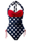 Blau & Rot 1950er Polka Dots Halter Badeanzug
