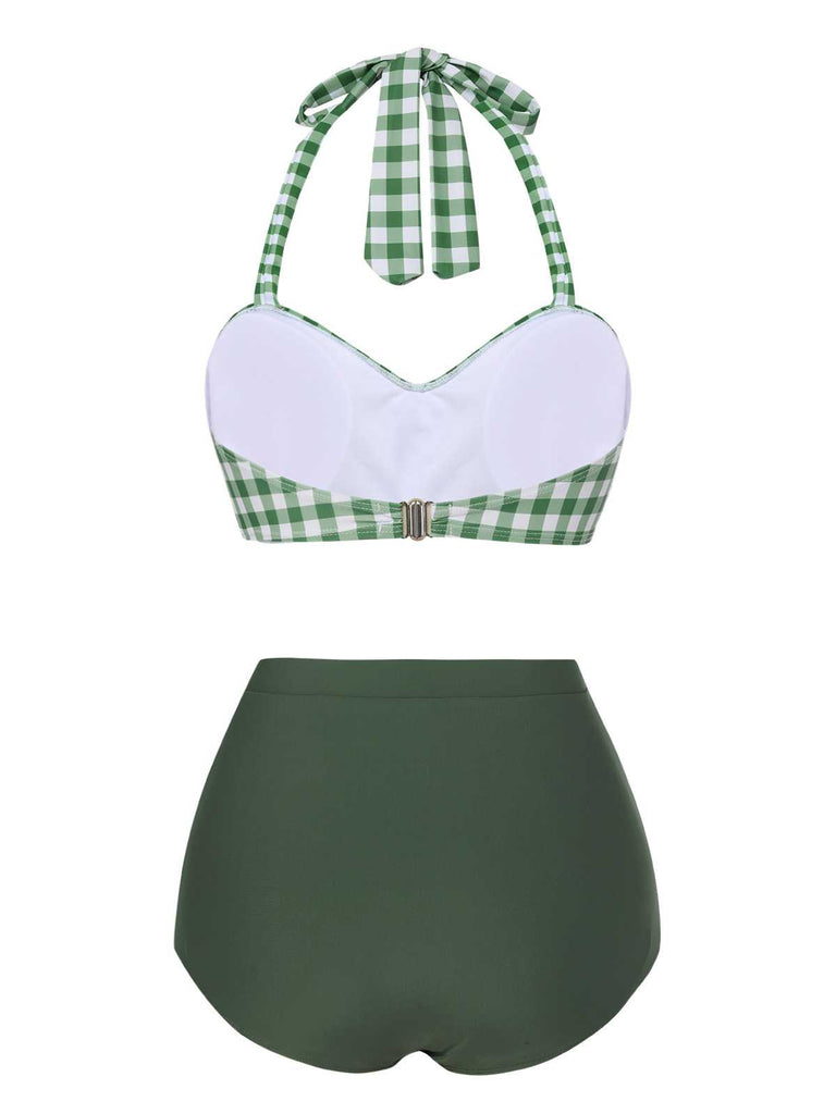Grün Grau 1940er Halter Plaids Bikini Set