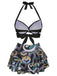 Schwarz 1950er Farbblock Blumen Halter Badeanzug
