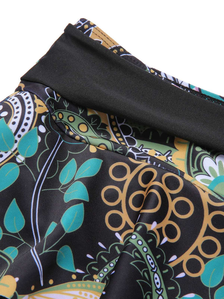 Schwarz 1950er Farbblock Blumen Halter Badeanzug