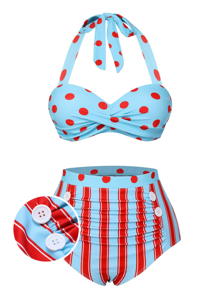 Blau 1940er Polka Dot Streifen Halter Bikini Set