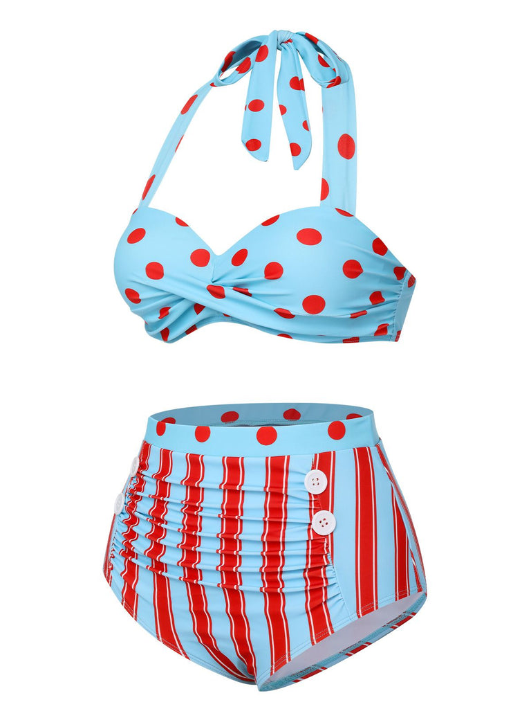 Blau 1940er Polka Dot Streifen Halter Bikini Set