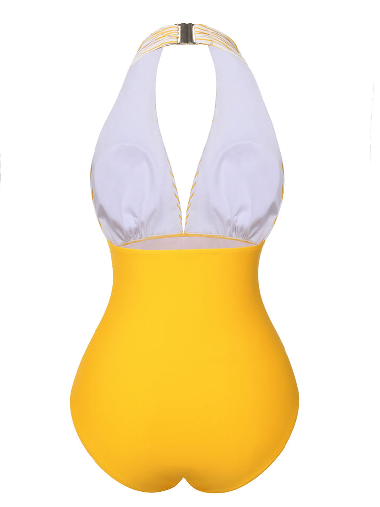 Gelb 1950er Halter Streifen Patchwork Badeanzug