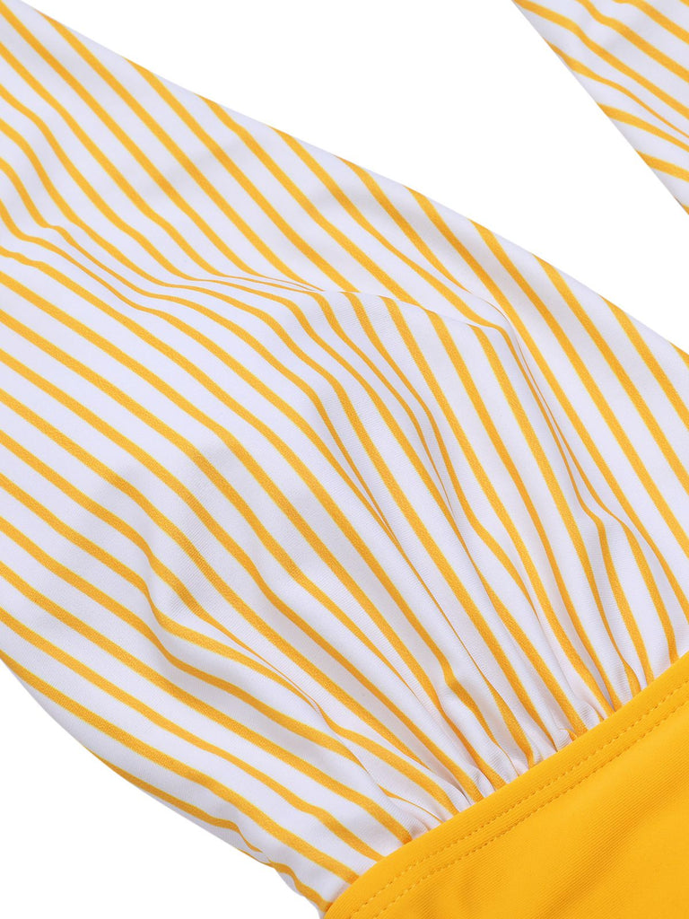 Gelb 1950er Halter Streifen Patchwork Badeanzug