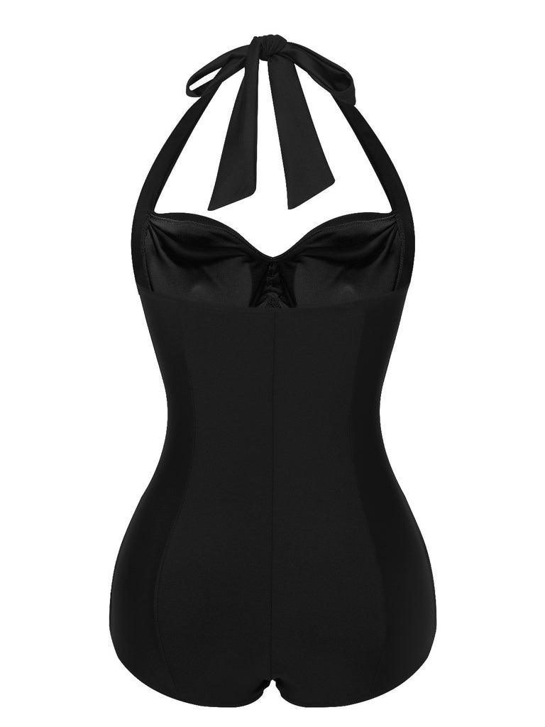 Rot 1950er Solide Halter Falten Badeanzug