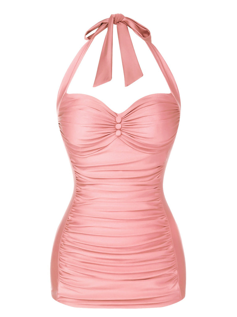 Rot 1950er Solide Halter Falten Badeanzug