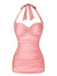 Rosa 1950er Solide Halter Falten Badeanzug