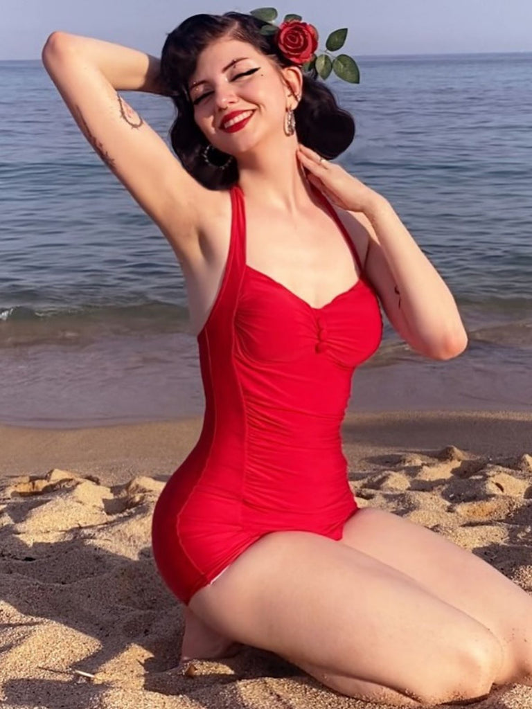 Rot 1950er Solide Halter Falten Badeanzug