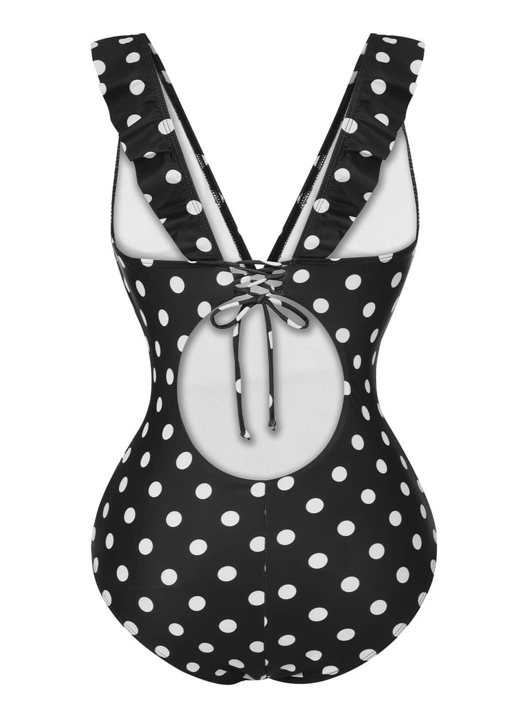 Schwarz 1950er Polka Dot Rüsche V-Ausschnitt Badeanzug