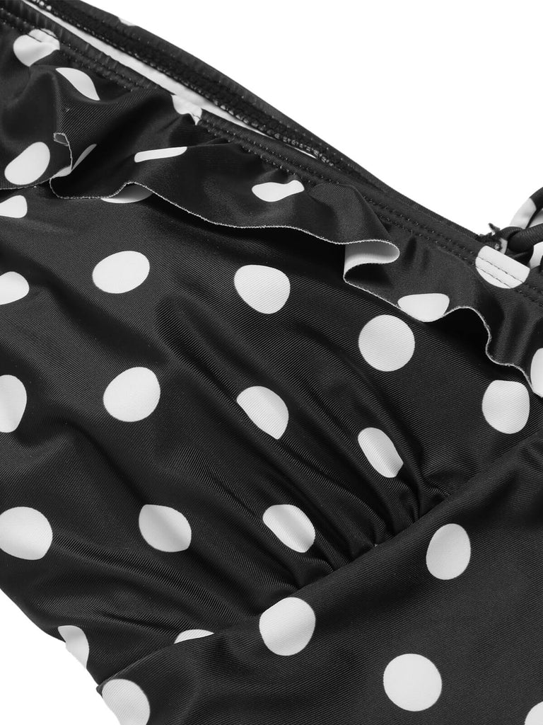 Schwarz 1950er Polka Dot Rüsche V-Ausschnitt Badeanzug