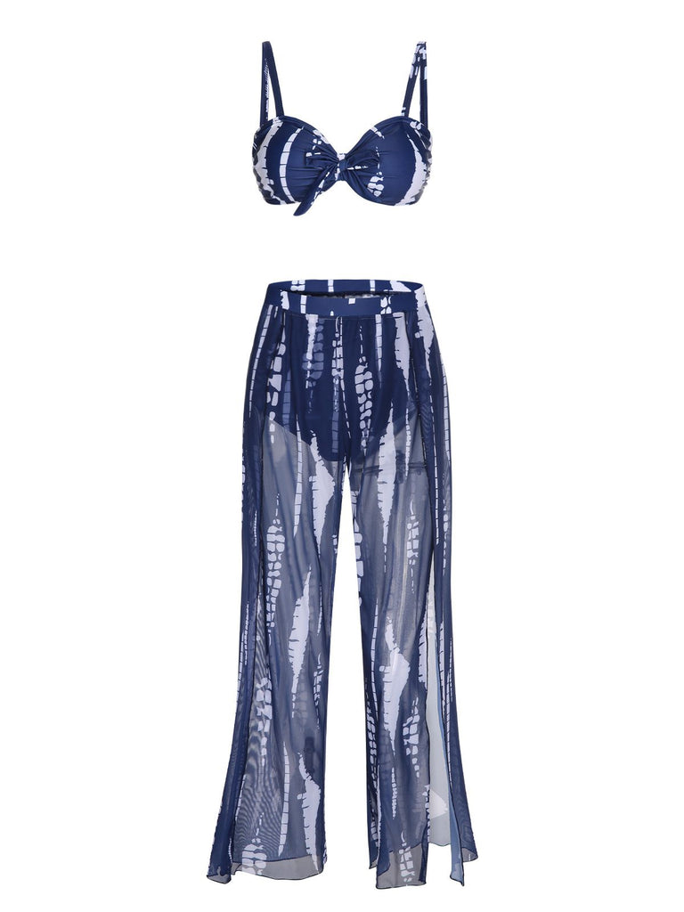 Dunkelblau 1960er Gefärbte Grafik Gurt Badeanzug & Cover Up