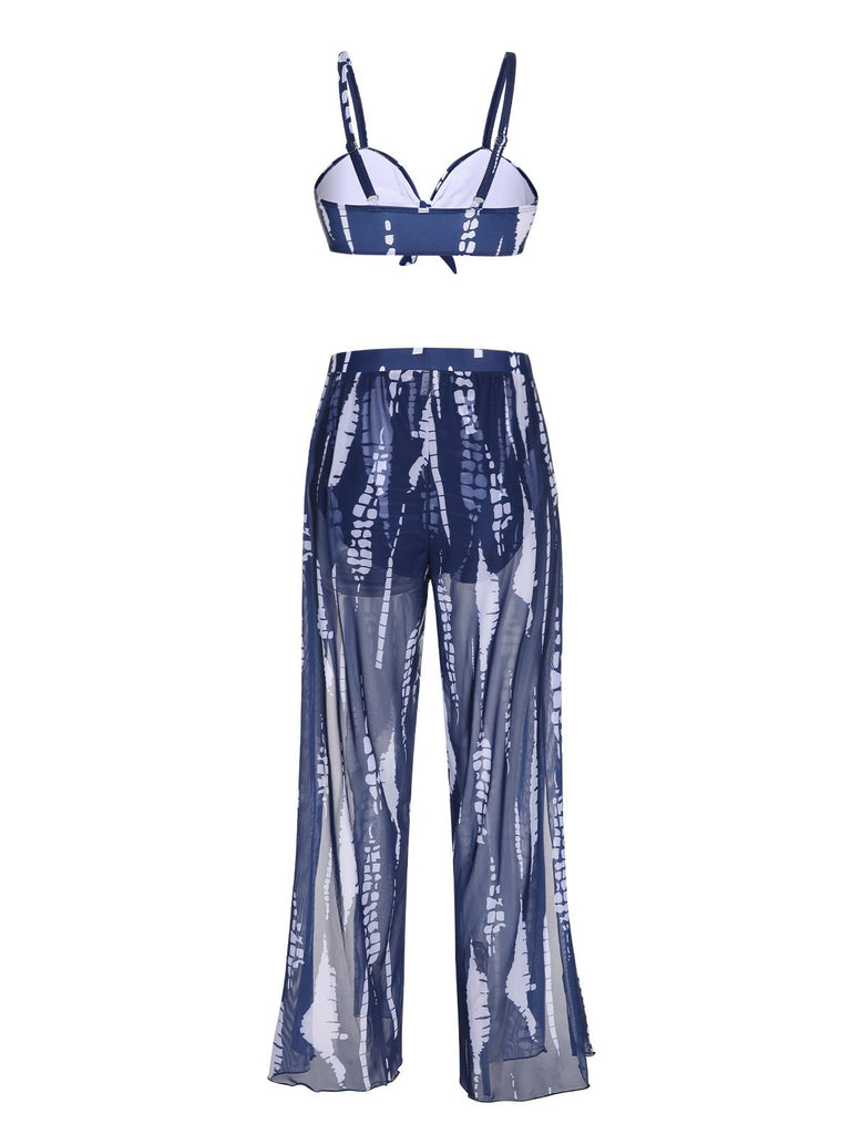 Dunkelblau 1960er Gefärbte Grafik Gurt Badeanzug & Cover Up