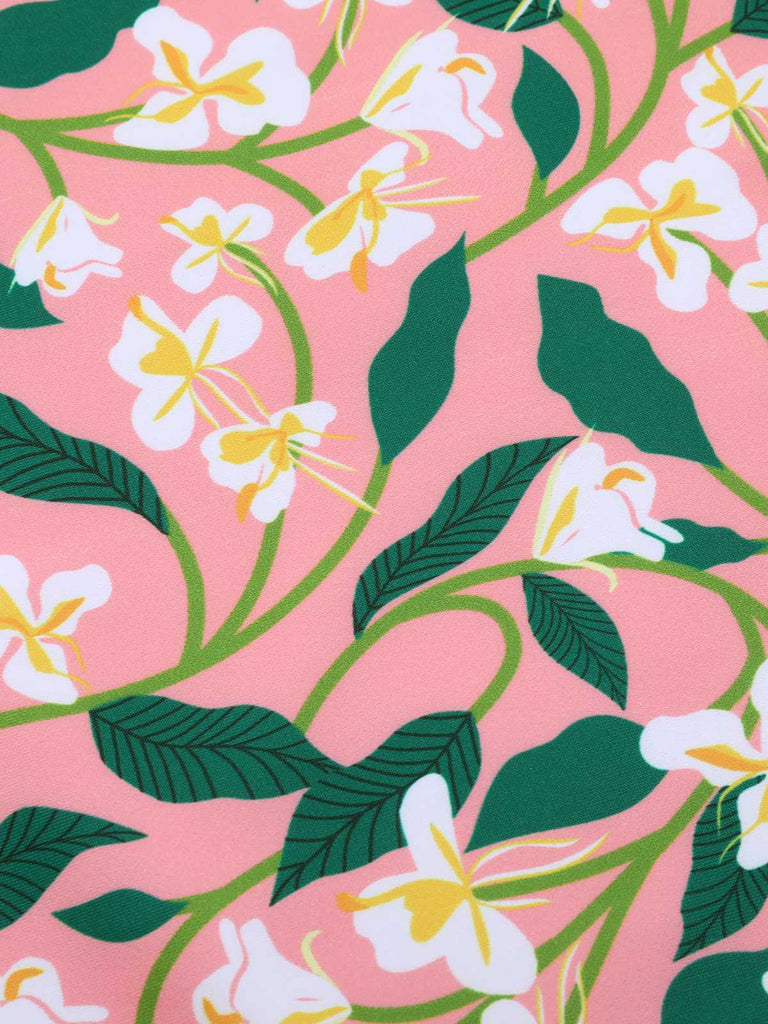 Rosa 1950er Spaghetti Träger Pflanzen Print Badeanzug