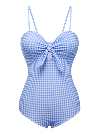 Blau 1950er Plaid Knotenträgern Badeanzug