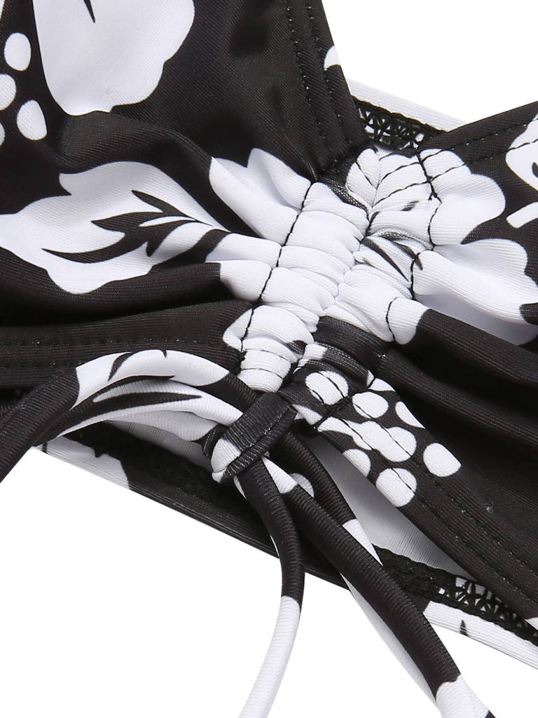 2PCS Schwarz 1950er Blumen Badeanzug & Cover-Up