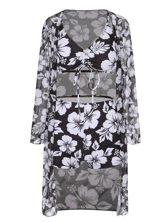 2PCS Schwarz 1950er Blumen Badeanzug & Cover-Up