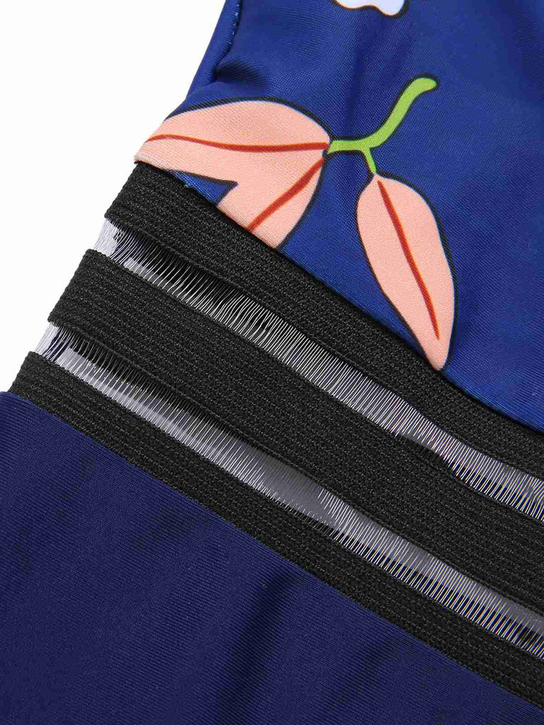 Blau 1970er Blumen Patchwork Einteiliger Badeanzug