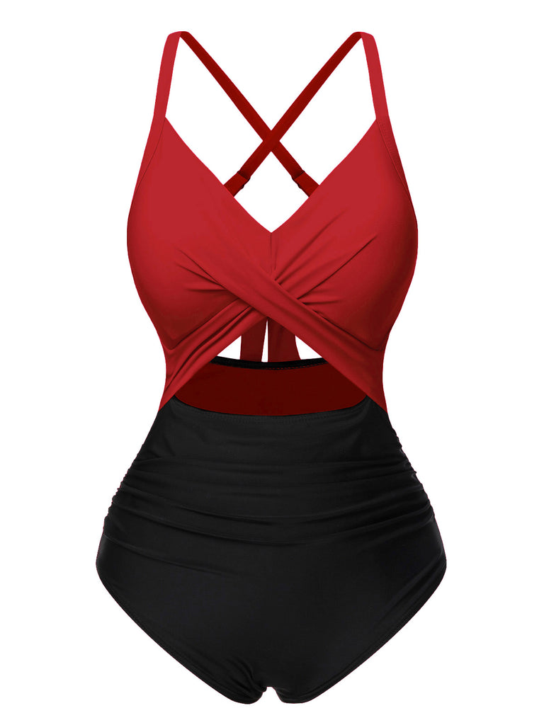 Grün & Schwarz 1940er Hohl Taillen Patchwork Badeanzug