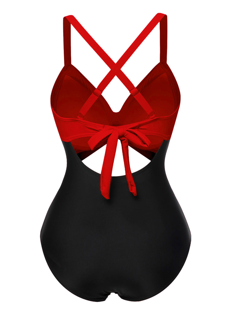 Grün & Schwarz 1940er Hohl Taillen Patchwork Badeanzug