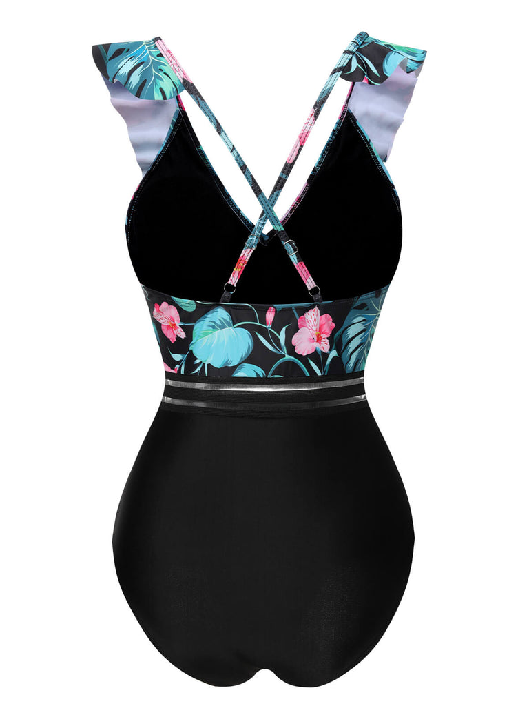 Multicolor 1950er Tropisch Rüsche Badeanzug