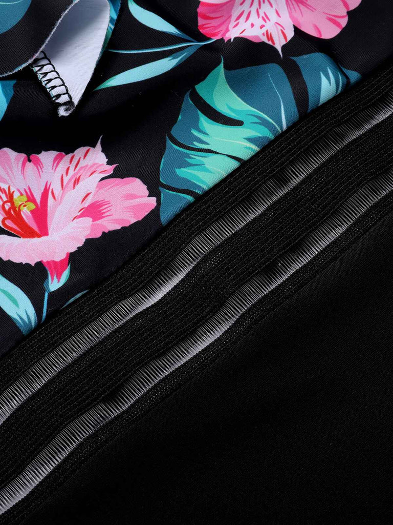 Multicolor 1950er Tropisch Rüsche Badeanzug