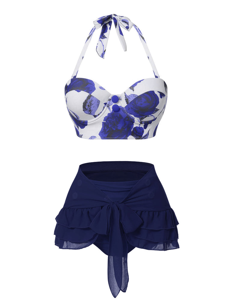 [Vorverkauf] 2PCS Blau 1960er Roses Halter Badeanzug & Rock Cover-Up