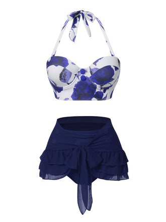 [Vorverkauf] 2PCS Blau 1960er Roses Halter Badeanzug & Rock Cover-Up