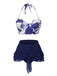 [Vorverkauf] 2PCS Blau 1960er Roses Halter Badeanzug & Rock Cover-Up