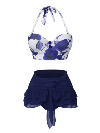 2PCS Blau 1960er Roses Halter Badeanzug & Rock Cover-Up