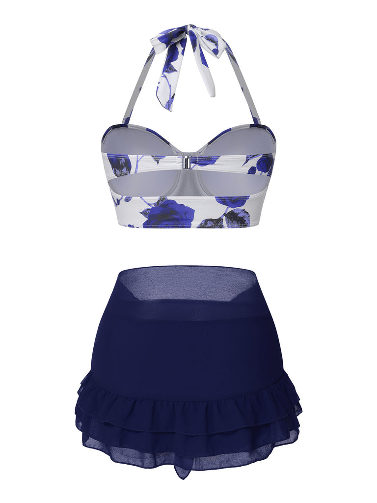 [Vorverkauf] 2PCS Blau 1960er Roses Halter Badeanzug & Rock Cover-Up