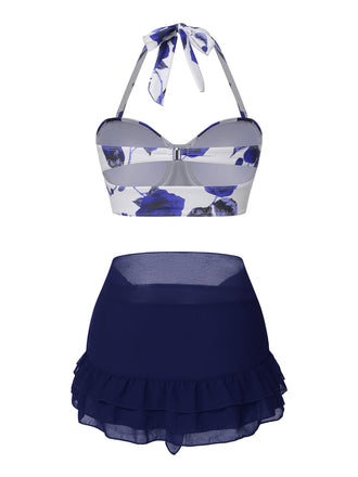 [Vorverkauf] 2PCS Blau 1960er Roses Halter Badeanzug & Rock Cover-Up