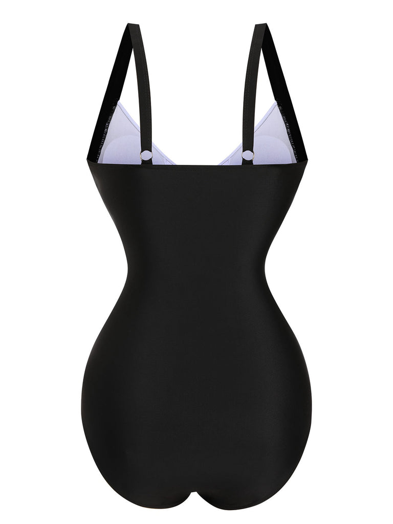 Schwarz 1930er Breite Träger Blumen Badeanzug