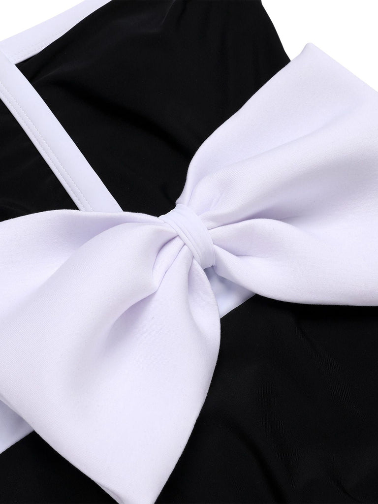 Schwarz 1960er Halter Bogen Farbblock Badeanzug