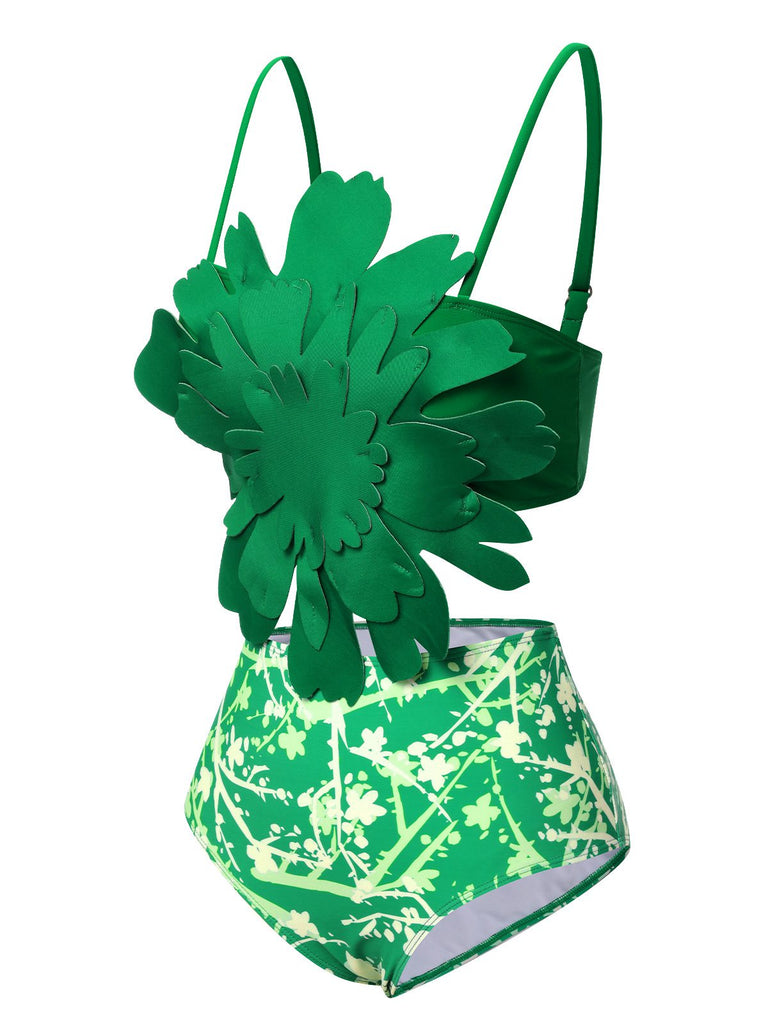 Grün 1960er 3D-Blumen Gurt Badeanzug