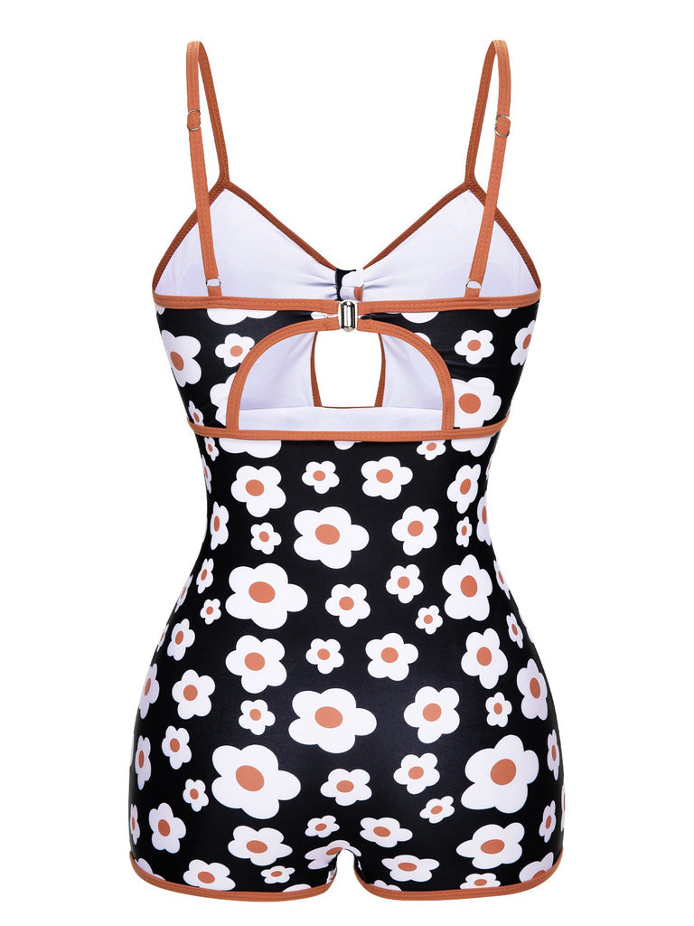 1930er Spaghetti Träger Karikatur Blumen Boxer Badeanzug