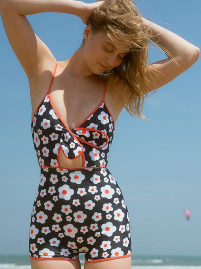 1930er Spaghetti Träger Karikatur Blumen Boxer Badeanzug