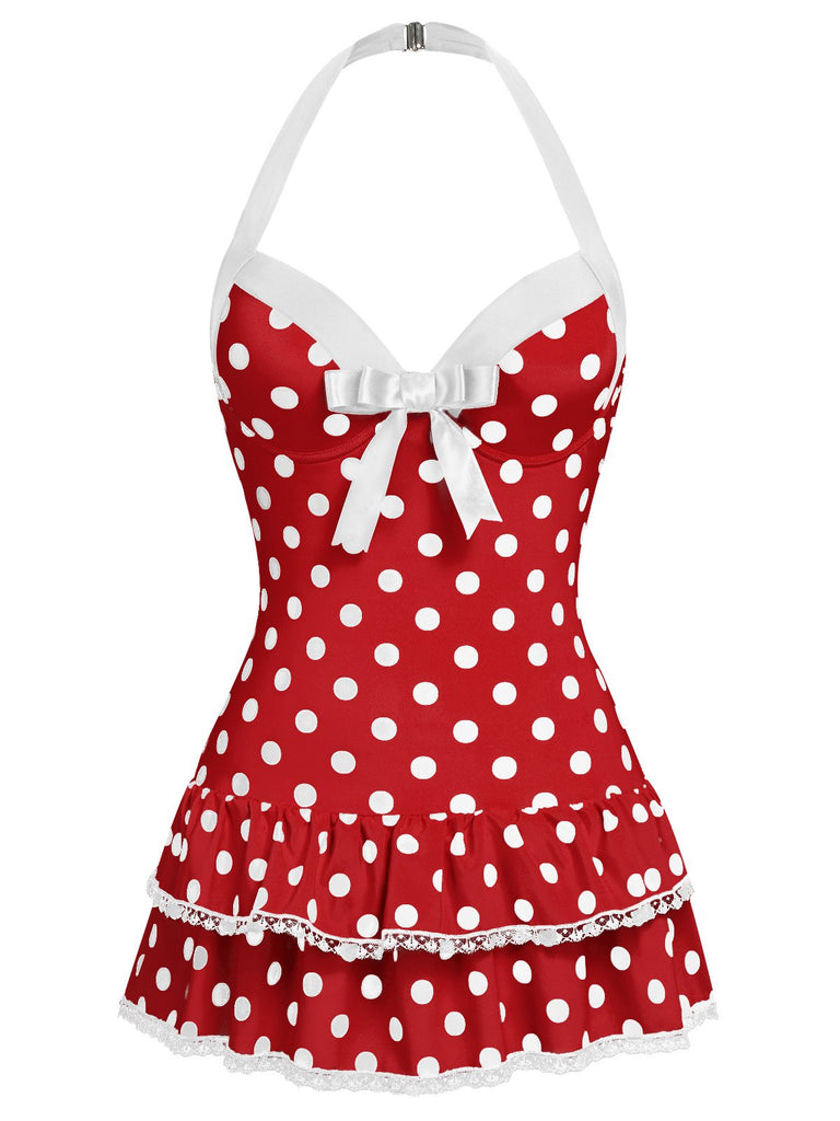 Rosa 1940er Halter Polka Dots Schleife Einteiliger Badeanzug