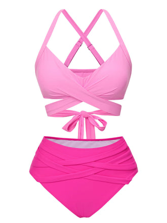 Rosa 1960er Solide Gurt Bandage Bikini Set