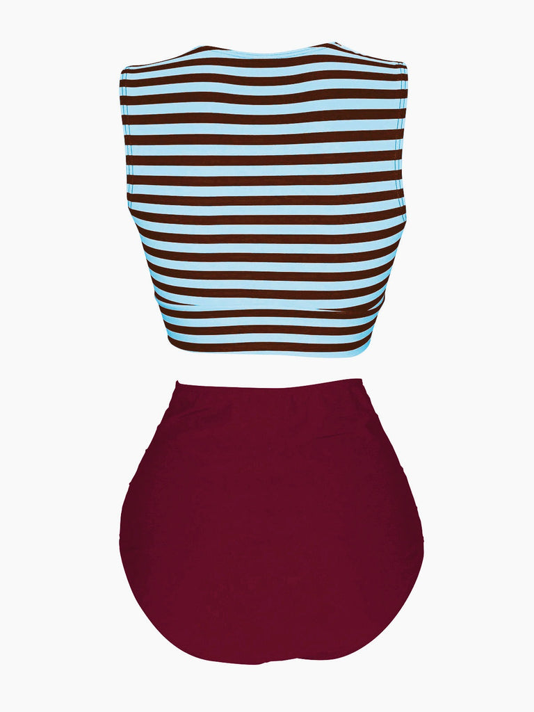 Rot & Blau 1970er Streifen Taille Binden Patchwork Badeanzug