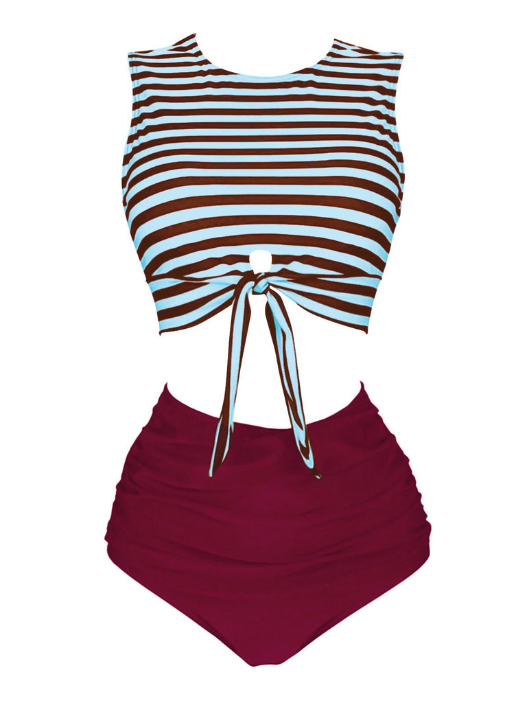Rot & Blau 1970er Streifen Taille Binden Patchwork Badeanzug