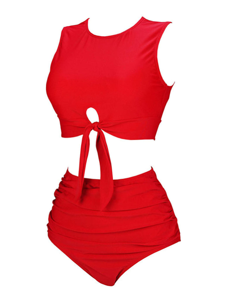 1950er Solide Schnürung Rundhalsausschnitt Badeanzug