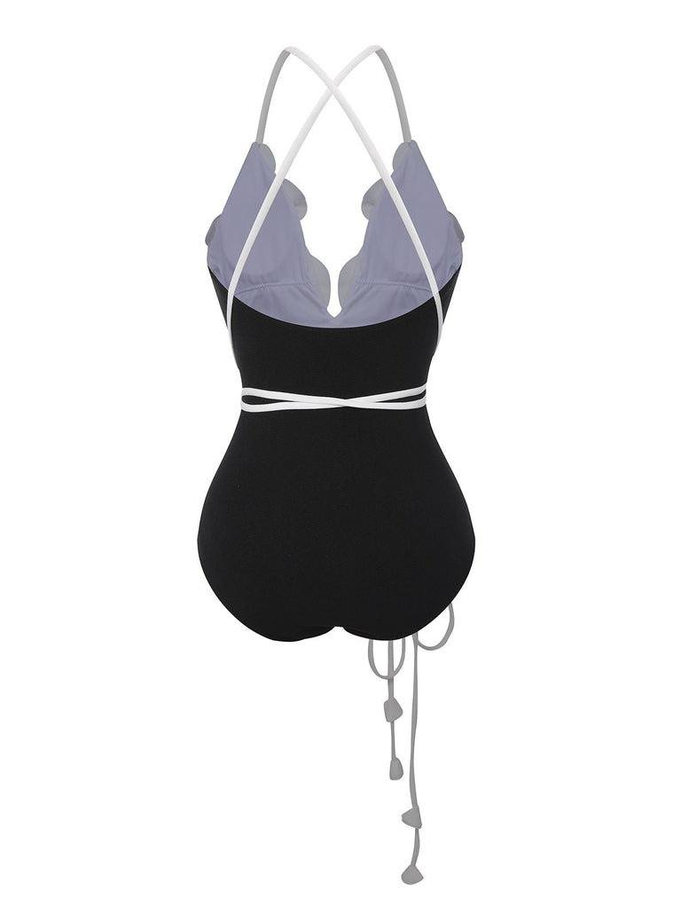 Schwarz & Weiß 1950er 3D-Blumen Schnürung Badeanzug