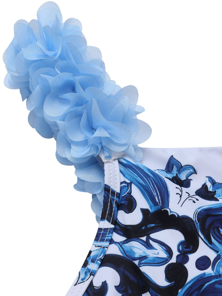 Blau & Weiß 1930er Porzellandruck Einteiliger Badeanzug