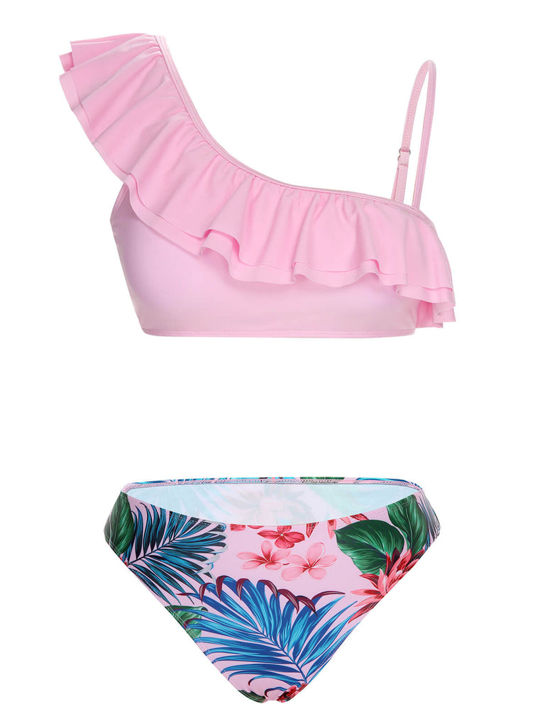 Rosa 1960er Tropische Pflanzen Rüschen Badeanzug